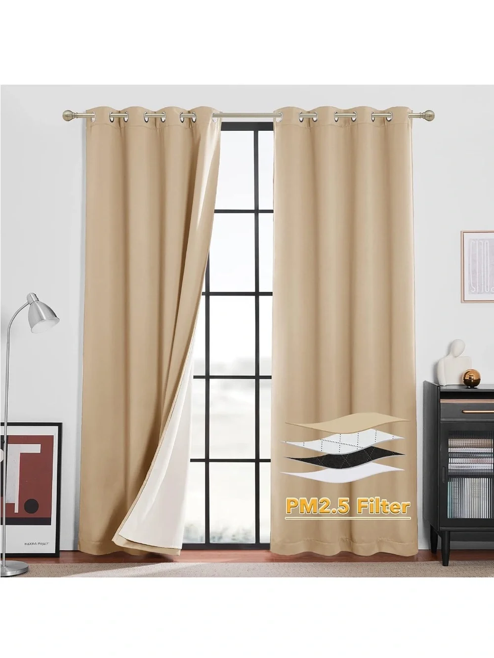 New Open Box 2pan W52”xL108” Beige RYB 100% Blackout Curtains Noise Reducing